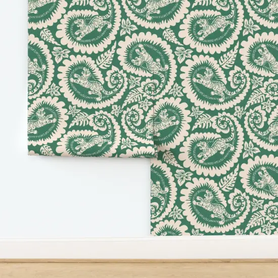 Pre-Pasted Wallpaper 2FT Wide Block Print Style Botanical Paisley Animal Big Cat Monstera Leaves Nature Green Jungle Custom Pre-pasted Wallpaper by Spoonflower {2}