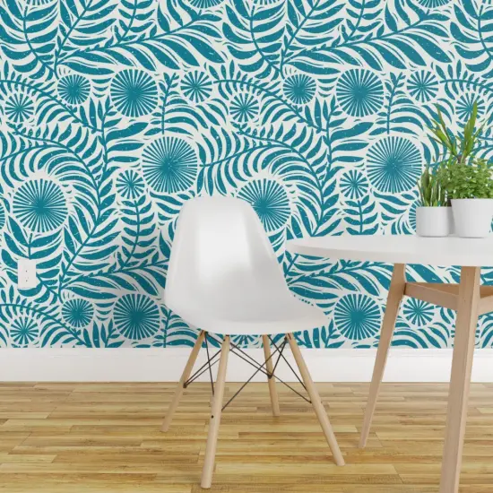 Peel & Stick Wallpaper 2FT Wide Teal Floral Blue Country Flowers Botanical Block Print Cottagecore Rustic Retro Summer Custom Removable Wallpaper by Spoonflower {1}