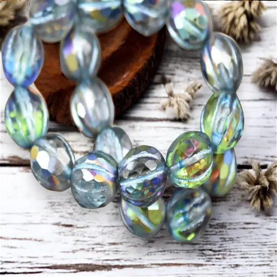 *12* 10mm Metallic Turquoise Washed Crystal AB Faceted Round Melon Beads {6}