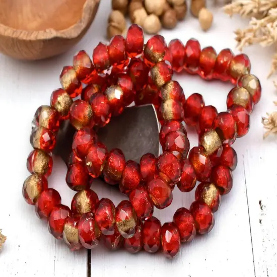 *25* 5x8mm Gold Lined Ruby Red Faceted Large Hole Rondelle Roller Beads {2}