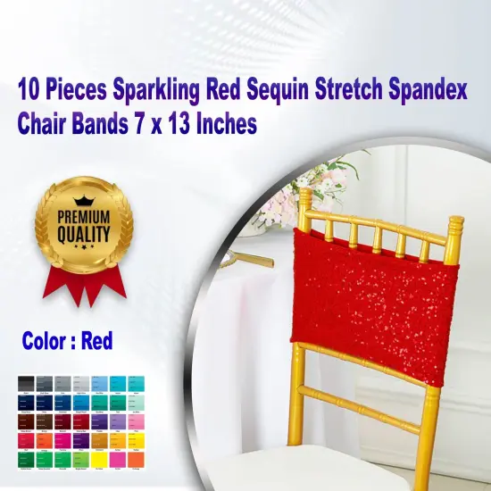 10 Pieces Sparkling Red Sequin Stretch Spandex Chair Bands 7 x 13 Inches {1}