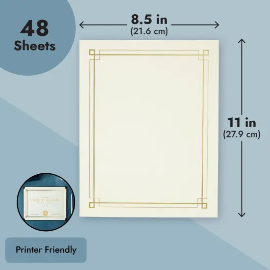 48 Sheets Gold Foil Certificate Paper for Printing - Customizable Blank Cardstock with Border for Graduation Diploma, Achievement Awards, Recognition Documents (8.5 x 11 in, Ivory) {3}