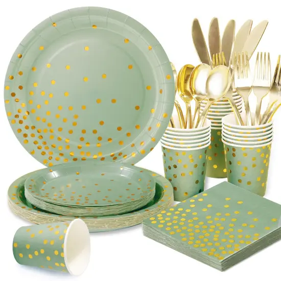175 Pcs Sage Green Plates and Napkins Party Supplies - Sage Green Paper Plates Serve 25 Guests - Sage Green and Gold Disposable Plates Sets for Holiday Wedding Birthday Party Decoration {1}
