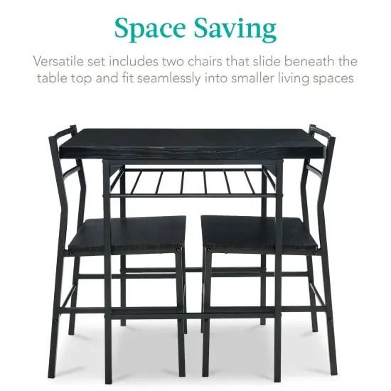 Best Choice Products 3-Piece Modern Dining Set, Square Table & Chairs Set w/ Steel Frame, Built-In Storage Rack Black/Black {3}