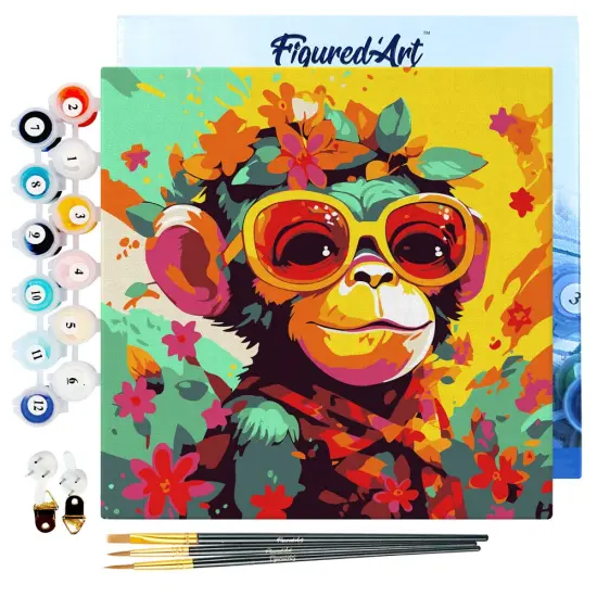Figured'Art Mini Paint by Numbers Kit for Adults with Frame Fantasy monkey and flowers Small format 8"x8" - Craft Art Painting DIY Canvas Already Stretched on a Wooden Frame {1}