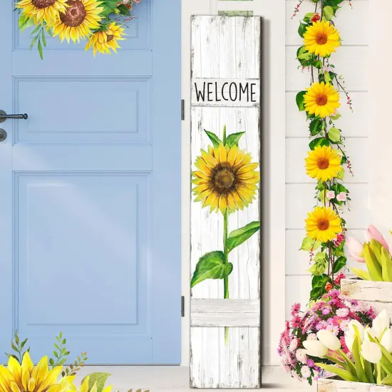 Spring Summer Porch Sign Sunflower Wooden Welcome Sign for Front Porch Standing Vertical Sign Rustic Spring Decor with White Background for Farmhouse Door Decoration, 42" H {1}