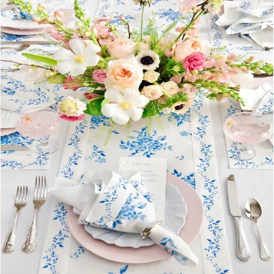 Blue Spring Floral Table Runner 48 inch - 100% Pure Linen Table Runner 14 x 48 Inch for Easter, Mothers Day, Summer - Handcrafted and Machine Washable - Jolie Fleur Print {3}