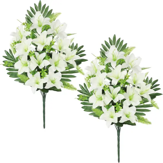 Artificial Cemetery Flowers for Grave, Set of 2 Silk White Faux Lily Bouquet Flowers Outdoor Graveyard Memorial Flowers for Cemetery Headstones Decoration {1}