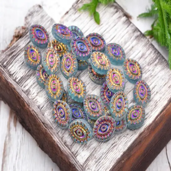 *10* 14x11mm Metallic Volcano Washed Matte Translucent Blue Aqua Mystic Eye Beads {2}