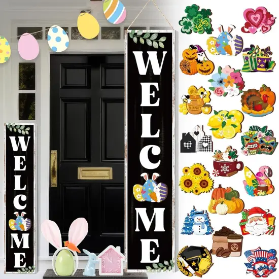 Welcome Sign for Front Door 47 x 9.8 Inch Standing Wooden Sign with 20 Interchangeable Icons {1}