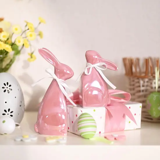 Easter Decorations, 2Pcs Easter Bunny Decor, Pearl Pink Ceramic Rabbit Statue Figurine for Home, Spring Easter Gift Tiered Tray Decorations for Indoor Table Centerpieces，6.3 Inch {5}