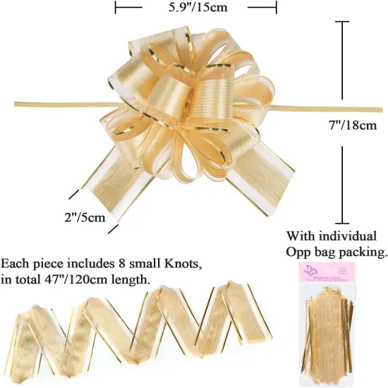 10 PCS Large Pull Bow Gift Wrapping Bows, Pull Bow with Ribbon for Wedding Gift Baskets, Party Gift Wrap Bows, Presents Decorating Bows (Gold) {2}