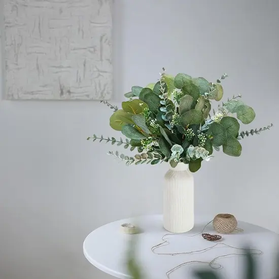 Artificial Eucalyptus Decor in White Ceramic Vase, Eucalyptus Leaves for Farmhouse Table Centerpiece, Home Office Kitchen Bathroom Decor {3}