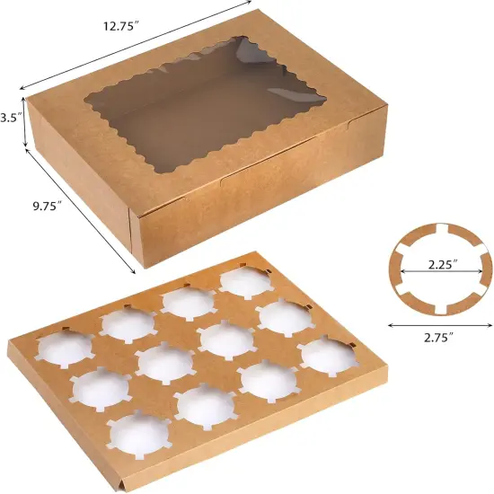 20 Pack Cupcake Boxes, 12 Counts Dozen Cupcake Containers with Window and Insert, Brown Bakery Pastry Treat Boxes for Muffins, Cookies, Donuts, Take Out Containers for Party {3}