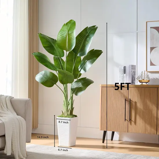 Lifelike Bird of Paradise Silk Artificial Plant Faux Banana Leaf Tree for Home Decor - Perfect Indoor Floor Plant with 9 Trunks (1, White Tall Planter, 5 FT) {2}