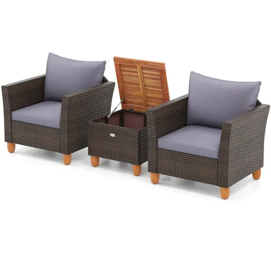 Costway 3 PCS Outdoor Patio Rattan Bistro Furniture Set Wooden Table Top Cushioned Sofa Gray/Black/Beige/Navy {2}