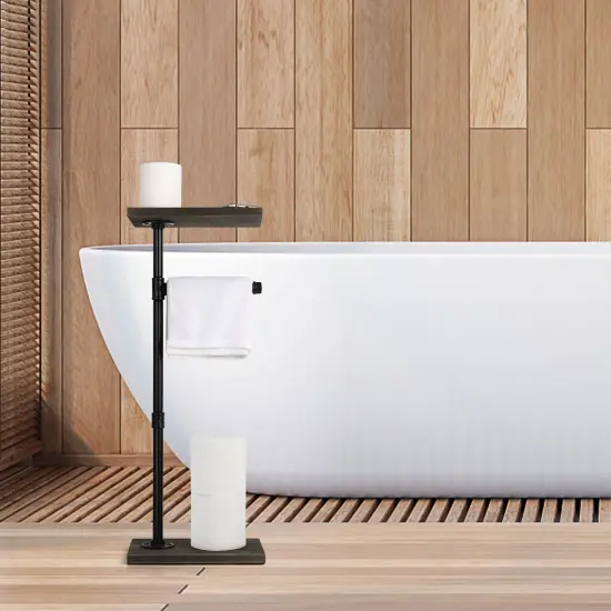 Vertical Industrial Toilet Paper Holder with Wooden Shelf Freestanding Bathroom Organizer for Paper Towels, Tissues, & Toiletries Rustic Tubular Design, 4-Roll Storage, Easy Assembly {6}