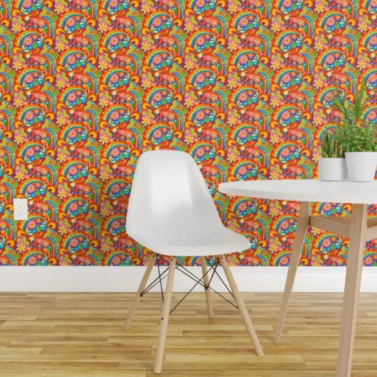 Pre-Pasted Wallpaper 2FT Wide 1960S Psychedelic Flower Power Flowers Colorful Rainbows Red Pink Orange Purple Costume Custom Pre-pasted Wallpaper by Spoonflower {1}