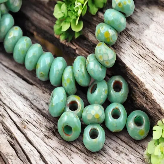 *25* 5x8mm Green Turquoise Picasso Faceted Large Hole Rondelle Roller Beads {3}