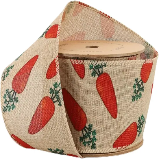2-1/2 Inches Wired Ribbon 10 Yards 1 Roll Easter Carrot on Natural Linen Wired Ribbon for Wreath Easter, Spring for Wrapping Making Bows, Wreaths, Bouquet Wrapping, Decoration {1}