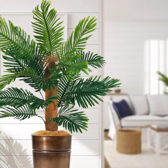 6FT Artificial Palm Tree with Galvanized Steel Bronze Tall Planter, Realistic Fake Silk Faux Tropical Areca Plants {2}