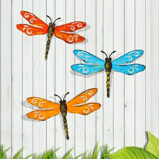 Metal Dragonfly Wall Decor Outdoor Garden Fence Art,Hanging Decorations for Living Room, Bedroom, 3 Pack {1}