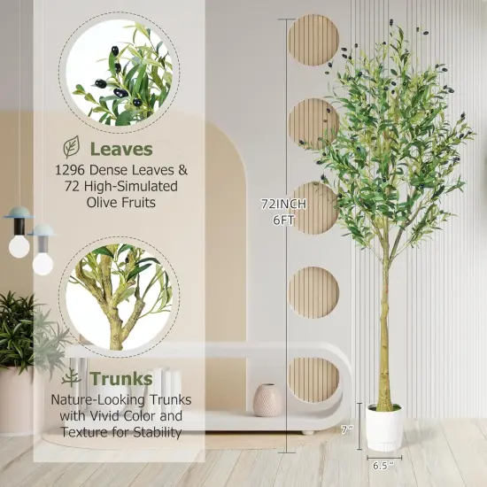 6ft Olive Tree, Olive Plant Artificial Indoor with 1296 Dense Leaves & 72 High-Simulated Olive Fruits- Easy Assembly, Low Maintenance (Thick Olive Tree, 6ft) {2}