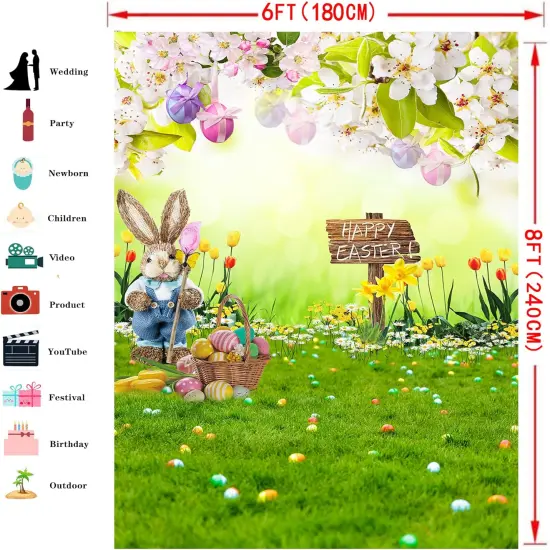 Easter Backdrop, Easter Photo Backdrop 6x8ft, Happy Easter Day Back Drops Background Spring Easter Party Decorations Banner {3}