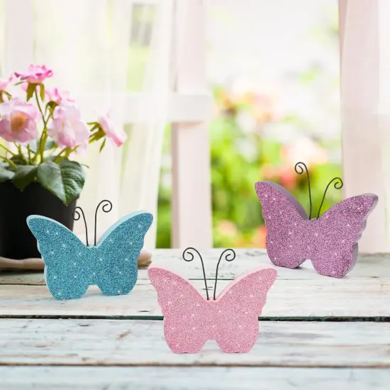 Butterfly Spring Decorations for Home, Wooden Butterflies Blocks Tiered Tray Decoration Set, Pink Blue Spring Table Top Decor for Office Party Shelf Door (Glitter 3PCS) {4}