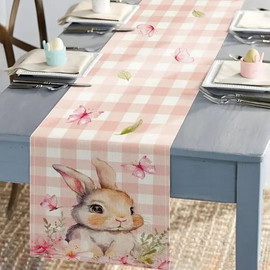 Easter Table Runner 2-Ply (13"x72") - Pink Buffalo Plaid Bunny Runner Design - Spring Table Decorations for Indoor & Outdoor Home Party Decor - Easter Party Decoration Supplies {4}