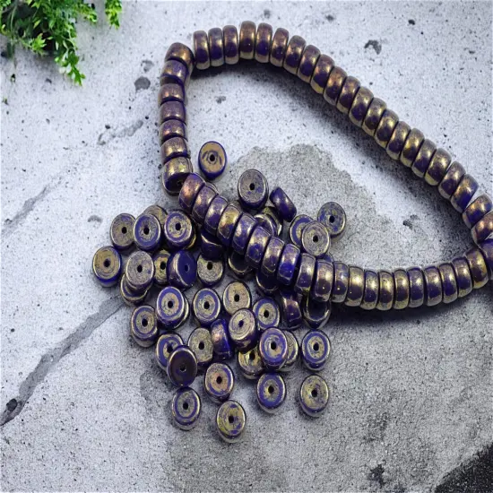 *50* 6x3mm Gold Lustered Opaque Indigo Heishi Beads {1}