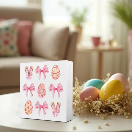 Pink Bunny Decor Easter Decorations Easter Decor Pink Bow Decor Home Farmhouse Office Bedroom Garden Decor Easter Eggs Hunt Wooden Box Block Plaque Wooden Box Sign for Desk Table Bookshelf Tabletop {3}