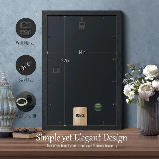 14x22 Picture Frame Set of 2, Exclusive Black Woodgrain, Solid Wood Poster Frames - Wall Hanging {3}