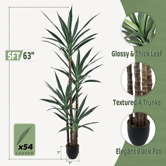 Artificial Agave Plant 5FT with 54 Leaves & 4 Trunks & Elegant Black Pot Faux Tall Floor Fake Large Modern Tree 62 Inch for Home (5FT, 1Pack) {2}