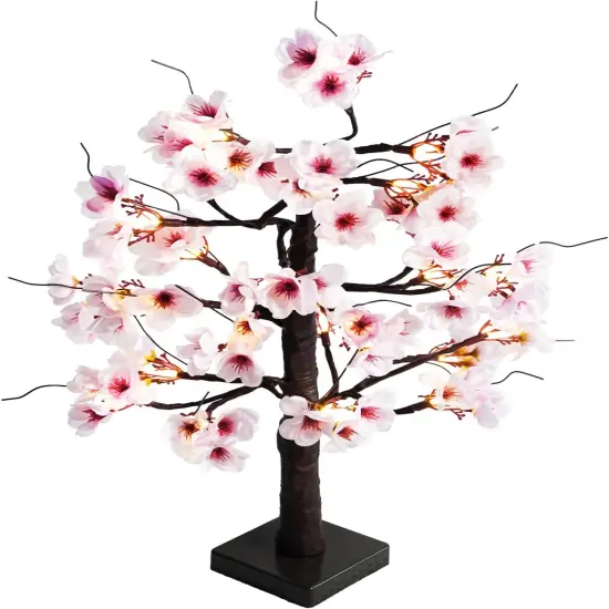24IN Lighted Cherry Blossom Tree 24 Warm White LED Tabletop Artifical Bonsai Tree with Timer Battery Operated for Wedding Party Spring Christmas Home Indoor Japanese Room Decor {1}