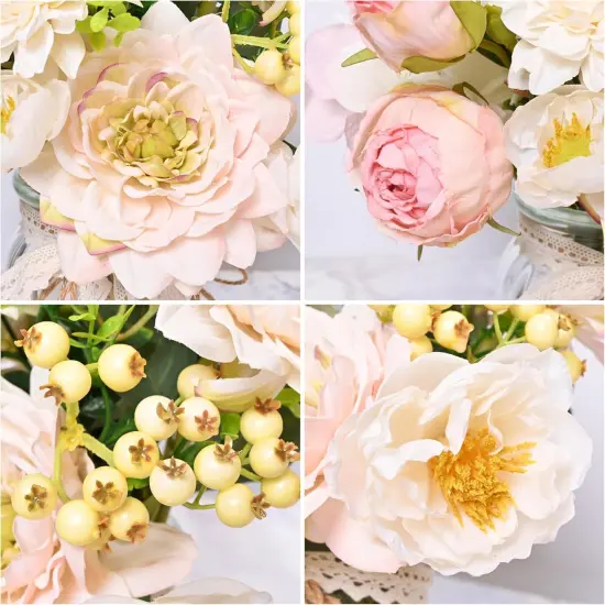 Artificial Hydrangea in Vase for Home Decor, Fake Silk Pink Flower Bouquet Artificial Flowers with Pot, Faux Dahlia Arrangement for Fall Spring Home Living Room Decor, Centerpiece Table Decorations {5}