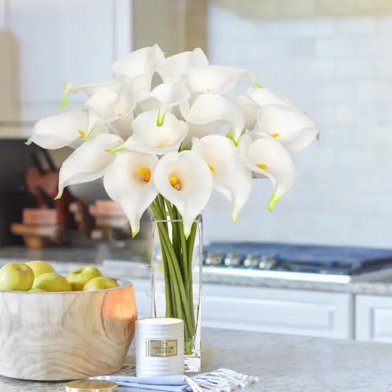Fake Flowers in Vase 14&ldquo; Artificial Calla Lily Pure-White Flowers Arrangement with Vase and Faux Water for Home Decor Dining Table {5}