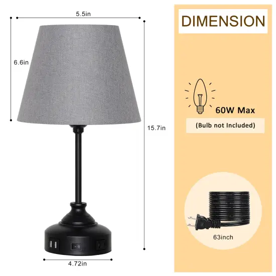 2pcs USB Table Lamps for Nightstand with Grey Lamp Shade Bedroom Nightstand {2}