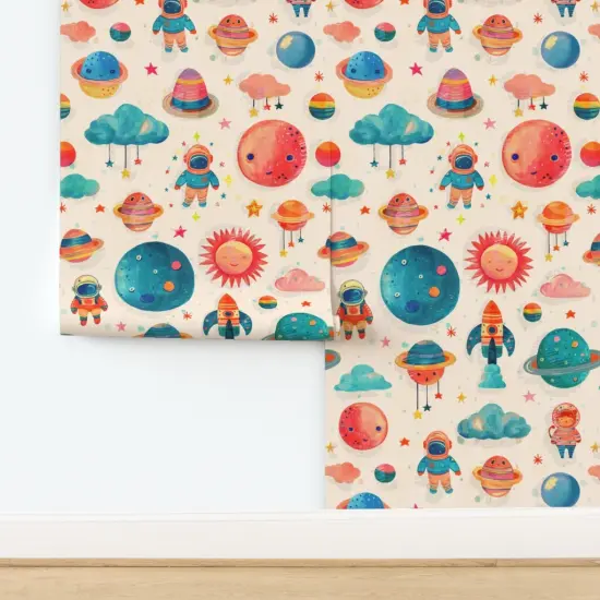 Pre-Pasted Wallpaper 2FT Wide Whimsical Watercolor Baby Kids Nursery Planets Space Ship Stars Moon Clouds Celestial Brush Strokes Astronaut Outer Novelty Sky Galaxy Custom Pre-pasted Wallpaper by Spoonflower {2}