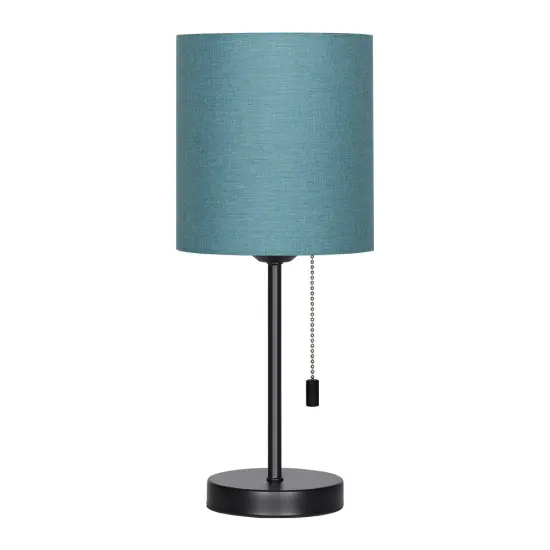 Black Modern Table Lamp, Simple With Blue Fabric Shade, Pull Chain Switch {1}