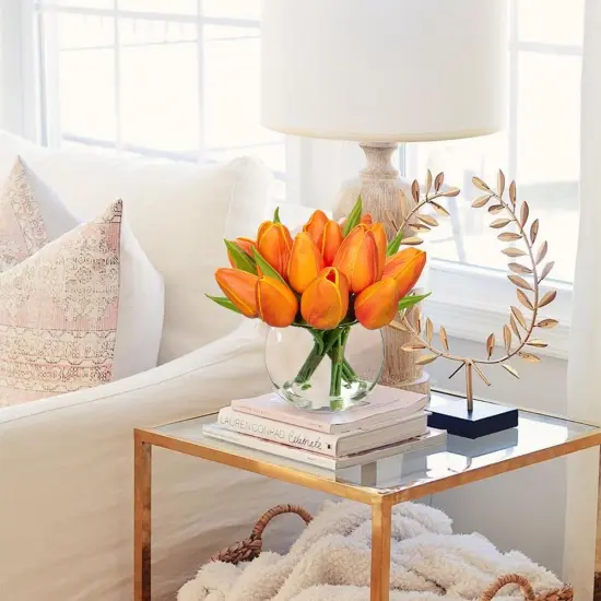 Artificial Orange Tulips in Vase with Faux Water 6" Real Touch Flowers Fake Tulips Small Flowers Arrangement in Round Glass Vase for Mother's Day Table Centerpiece Wedding Home Decor {2}