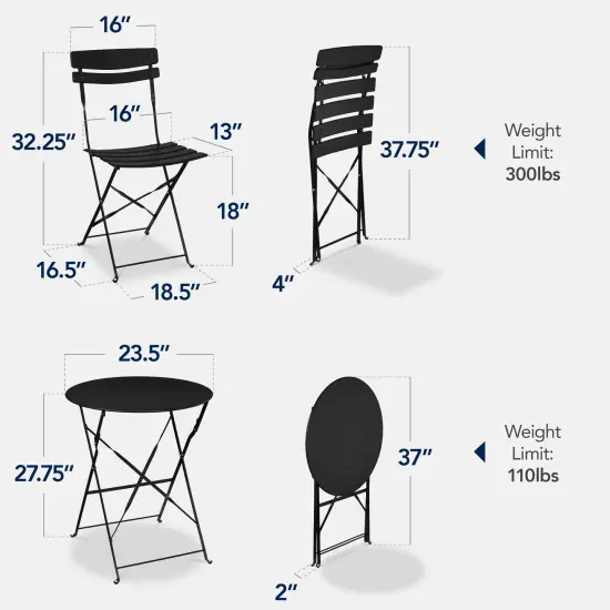 Best Choice Products 3-Piece Small Bistro Set, Folding Patio Furniture Set of 2 Chairs and Table Black {2}