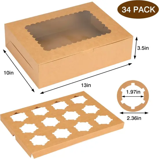 34 Sets Cupcake Boxes, Hold 12 Count Cupcake Containers, Brown Containers with Window and Inserts, 13 x 10 x 3.5 Inches Kraft Bakery Carrier Boxes for Birthday Holiday Party Bakery Supplies {2}