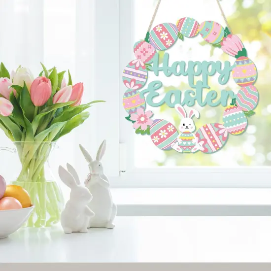 Happy Easter Decorations Sign, Bunny Eggs Wood Wreath for Front Door Porch Window Wall Hanging Decor, Pink Green Spring Decoration for the Home (Bunny Egg) {4}