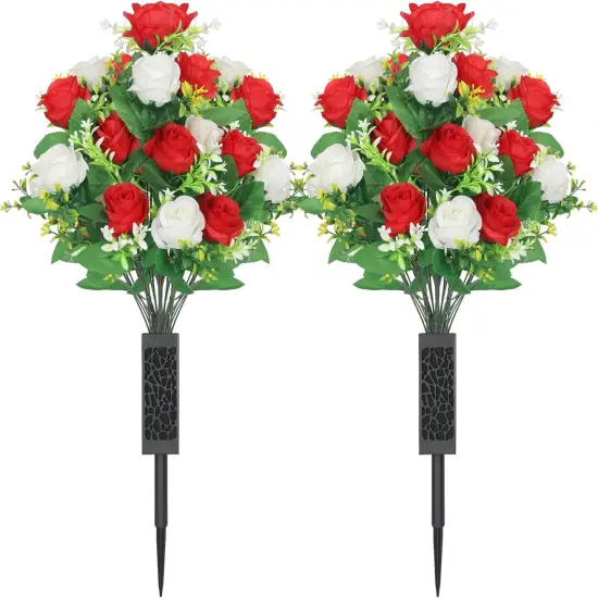 2 Sets Artificial Cemetery Flowers,Artificial Cemetery Flowers with Vase,Memorial Flowers,Artificial Rose Bouquet Graveyard Memorial Flowers for Graveyard Headstones Decoration(Red and White {1}