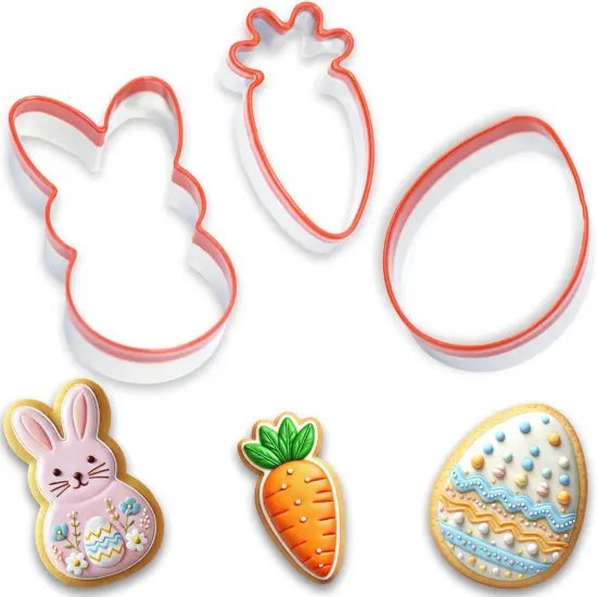 3-Piece Easter Fun Cookie Cutters, Easter Bunny, Egg and Carrot,Heavy Duty Food-Grade Stainless Steel,Unique Design with Protective Red Top PVC {1}