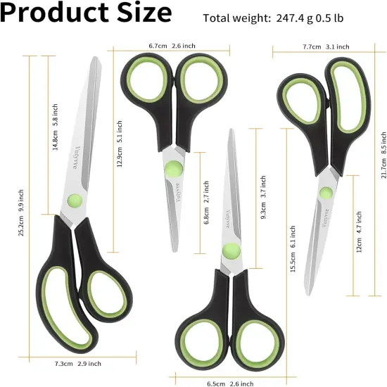 Scissors, Stainless Steel Blades Soft Grip for Home, School, Office. Black and Green, 4 {4}