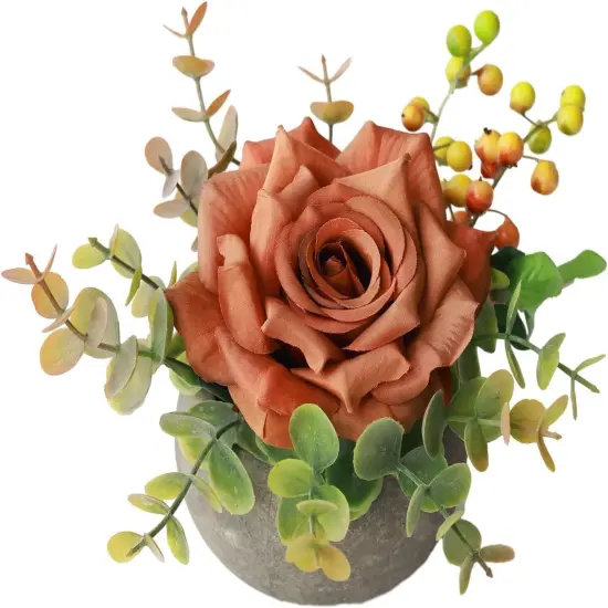 Small Artificial Flowers Potted Plant Fake Flower Realistic Silk Orange Rose and Greenery with Vase for Table Decor Centerpiece Bathroom Office Desk Shelves Room Decorations (R-Orange) {1}