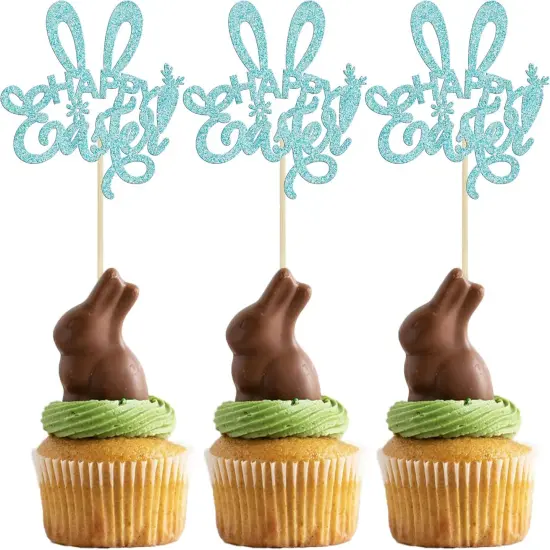 24Pcs Happy Easter Cupcake Toppers Blue Glitter Easter Rabbit Ear Cupcake Picks Decorations for Happy Easter Day Theme Baby Shower Kids Birthday Party Supplies {1}