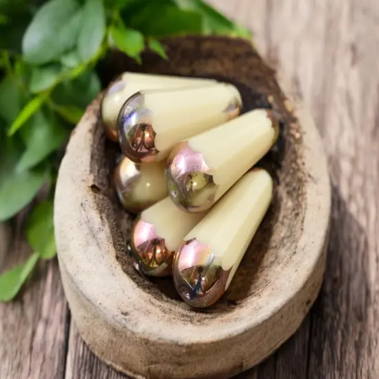 *6* 8x20mm Bronze Rainbow Tipped Opaque Beige Faceted Drop Beads {2}